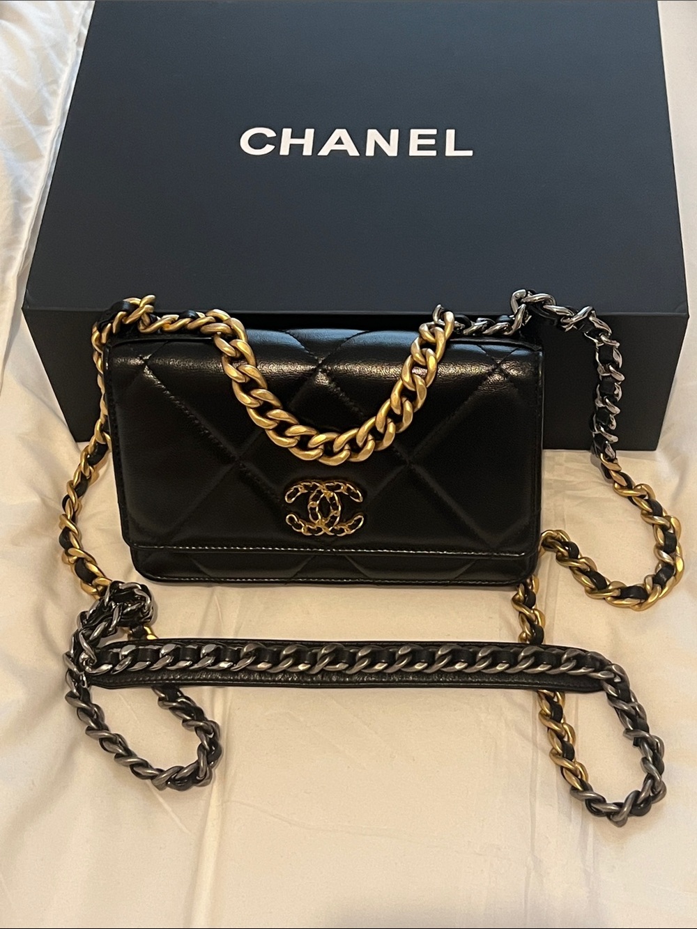 CHANEL 19 Black Quilted Leather WOC Crossbody with Mixed Metal Chain